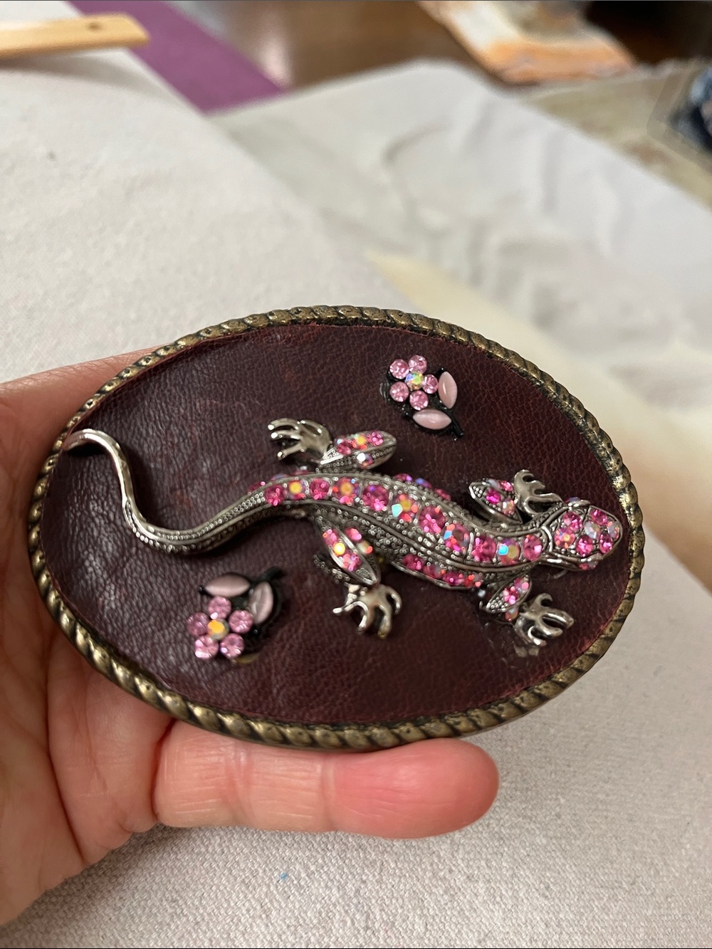 Vintage Rhinestone Brass Leather Salamander Lizard Belt Buckle